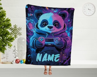 Personalized Gaming Blanket, Panda Gamer Room Decor, Custom Name Gift