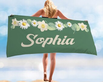 Personalized 70s Floral Beach Towel, Custom Name Pool Towel