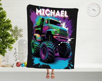 Custom Monster Truck Blanket, Personalized Name Blanket, Kids Gift