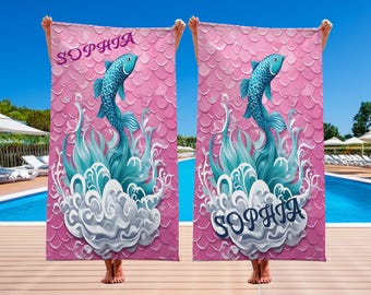 Personalized Mermaid Beach Towel, Girls Custom Name Gift