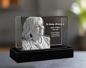Personalized Laser Etched Glass, Memorial Gift, Custom Remembrance, In Loving Memory, Crystal Decor | Best Vandam 3D Photo