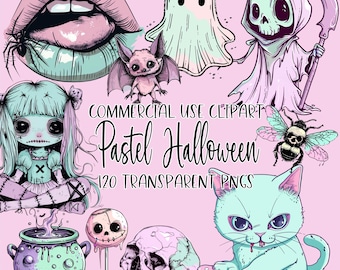 May include: Pastel Halloween clipart set featuring a variety of spooky characters and objects, including a ghost, a cat, a skull, a cauldron, a lollipop, a bat, a bee, a doll, and a grim reaper.  The clipart is in a pastel color scheme with pink, blue, and green accents.  COMMERCIAL USE CLIPART Pastel Halloween 120 TRANSPARENT PNGS