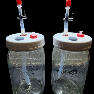 May include: Two clear glass jars with white lids, each fitted with a red and clear apparatus. The jars have a clear straw-like tube extending into the jar. The lids also have a small red and gray cap. The jars are on a black background.