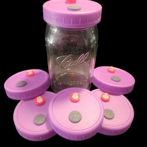 May include: A clear glass jar with a purple lid, surrounded by five additional purple lids. Each lid has a small, pink and gray component. The jar is labeled "Ball".