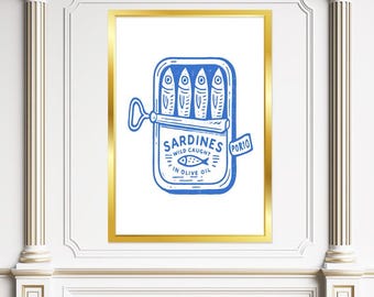 Tinned Sardines Art Print: Retro Kitchen Coastal Decor (Digital Download