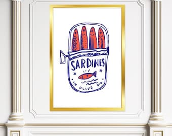 Tinned Sardines Art Print: Retro Kitchen Coastal Decor (Digital Download