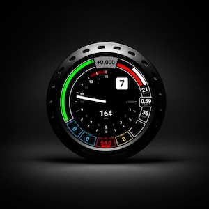 May include: A black and silver digital gauge with a black background. The gauge displays numbers, a green arc, and a red arc. The gauge reads 164 mph and has other data points.