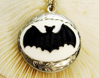 Goth Bat Locket Necklace: Engraved stainless steel Pendant, Photo Keepsake, Bat lover Birthday gift