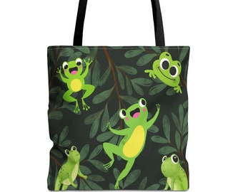 Jumping Frogs Tote Bag, ,Black handle, frog book bag, library bag, travel bag, frog lover birthday gift