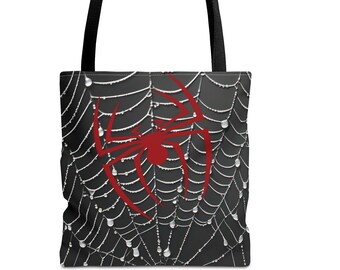 Black Spider and Web Tote Bag, Goth bag, black book bag, library bag, travel bag, birthday gift