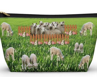 Sweet Sheep Lambs Makeup Bag, fabric cosmetic toiletries bag, boxy bottom essentials bag, zipper pouch, Gift for sheep lover