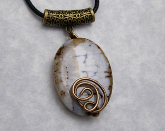 Dendritic Agate Necklace, brown white gemstone, 1" stone of peace, Wire wrapped gemstone  necklace