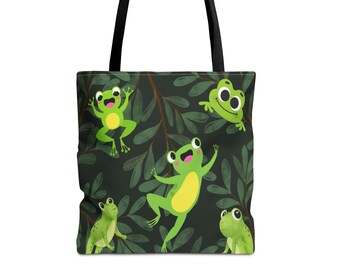 Jumping Frogs Tote Bag, ,Black handle, frog book bag, library bag, travel bag, frog lover birthday gift