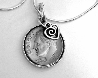 20th Anniversary Birthday Pendant Necklace, 2004 Dime Bracelet, Cuff Links, Key Chain, gift for him her wife husband friend partner