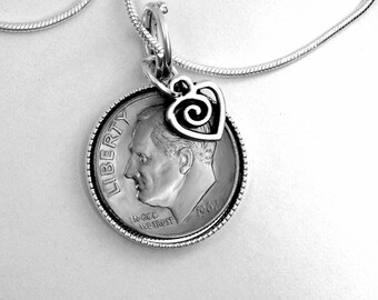 5th Anniversary Birthday gift, 2019 Dime Pendant Necklace, Bracelet, Cuff Links, Key chain,gift for him her wife husband friend