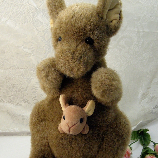 Quality Vintage GUND 1993 KANGAROO and Baby Plush Toy, vintage 13" stuffed kangaroo, wild animal plush toy