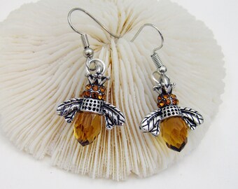 Glass BUMBLE BEE Earrings / Silver Dangle Earrings / Boho Jewelry / lightweight earrings /Bee jewelry/ Gift For Her