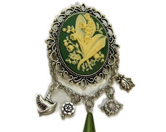 Lily of the Valley Cameo Brooch, women’s handmade pin, Gift for her, Floral cameo pin brooch, vintage inspired cameo