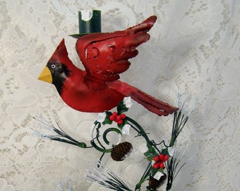 Stunning Metal Cardinal Bird Candle Holder, 11 1/2" sculpture, Red Bird Holly Pine Candle Holder Stand, Christmas decor