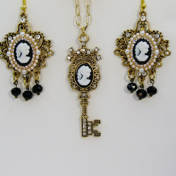 Gold LADY CAMEO Key Jewelry Set, Handmade Victorian style jewelry set, Cameo earrings, Key pendant