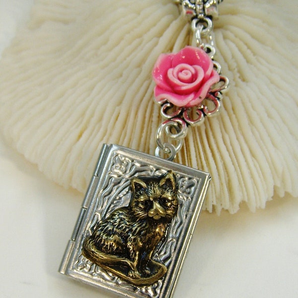 Sweet Silver Pink Rose CAT  Book Locket Pendant necklace, OOAK Cat lover handmade locket jewelry