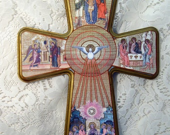 Vintage 13" Italian Wood Cross Wall Decor, Images of Christ's Life, White Dove in Center, Pastel Colors, Christian gift