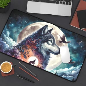 May include: A rectangular mouse pad featuring a detailed illustration of a wolf against a full moon and starry night sky. The design includes birds in flight and a silhouette of a howling wolf.