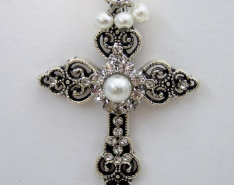Rhinestone PEARL CROSS Pendant Necklace, 2" upscaled Pearl handmade jewelry,  gift for wife mother daughter