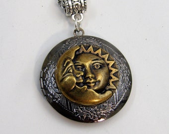 Silver Engraved Sun & Moon Locket Pendant Necklace, celestial handmade locket, sun moon necklace