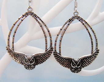 Flying Owl Earrings / 1 3/4" Silver Dangle Earrings / Owl Jewelry / lightweight earrings