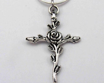 Silver Floral Rose Cross necklace, Woman’s  handmade jewerly,rose jewelry, gift for her