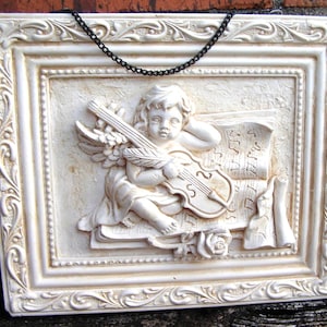 Vintage Plaster Angel Wall Plaque, Shabby chic angel and Violin wall decor, 9 1/2&quot; x 8&quot; Cherub
