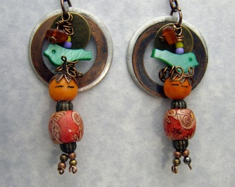 Colorful Tribal Style WORRY DOLL Earrings, 2 1/8" Handmade OOAK Boho Beaded Brass ear wires
