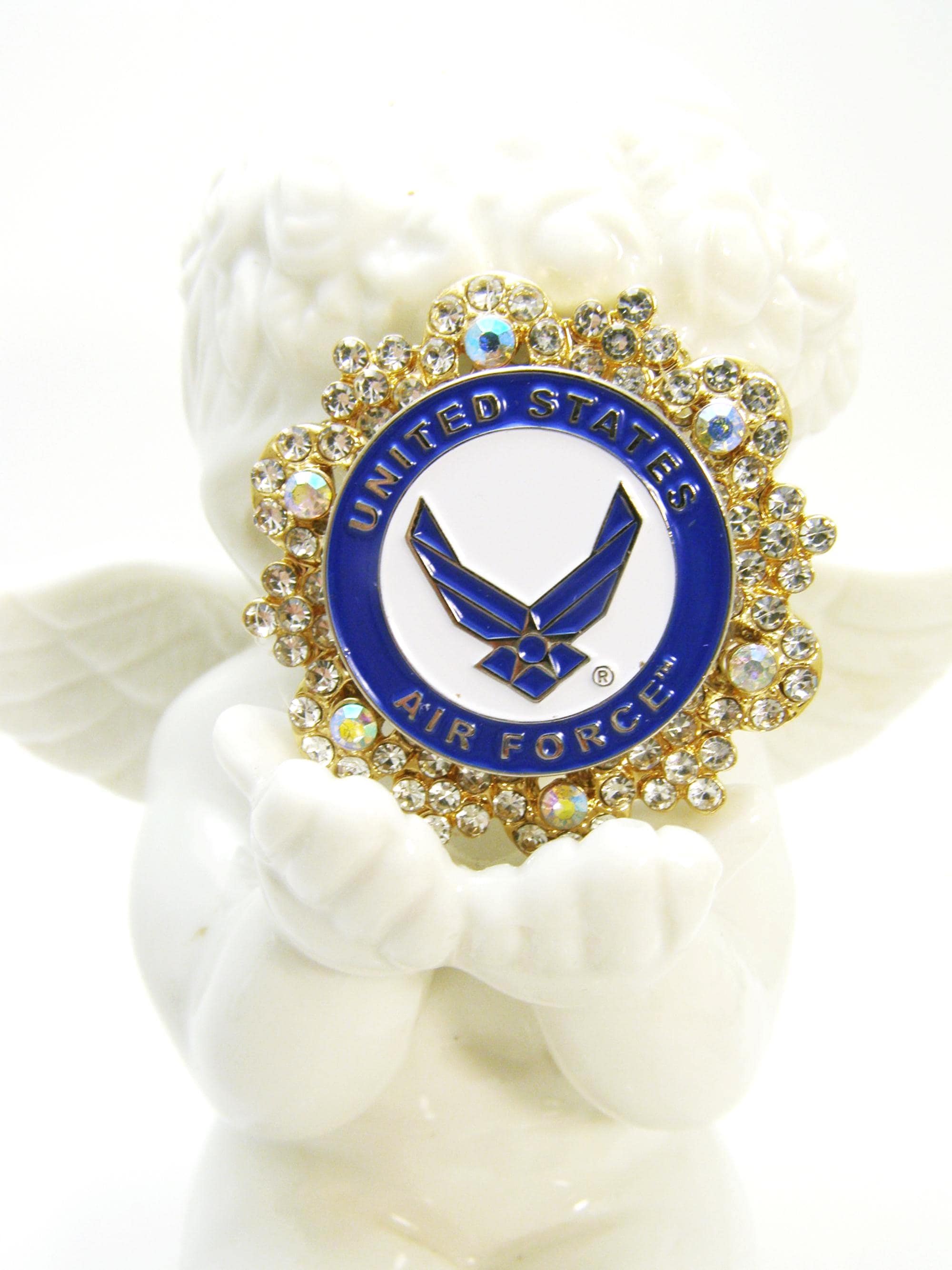 US Air Force Rhinestone Brooch Pin: Gold Tone Flower Pendant, Christmas Birthday gift
