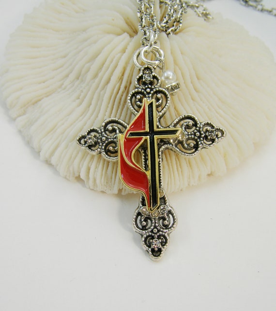 Sterling Silver Large Methodist Cross & Flame Necklace – Sister's Trinkets