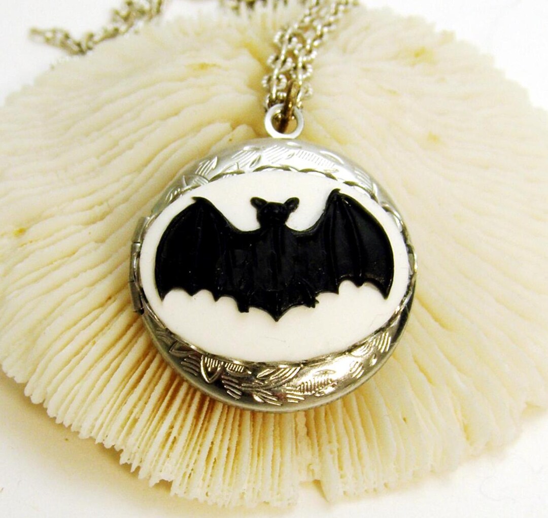 Goth Bat Locket Necklace: Engraved Stainless Steel Pendant, Photo ...