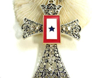 Blue Star Military Service Flag Cross Necklace:  2 3/4" Military Family Gift for Mom, Army Navy Air Force, Marines Coast Guard jewelry
