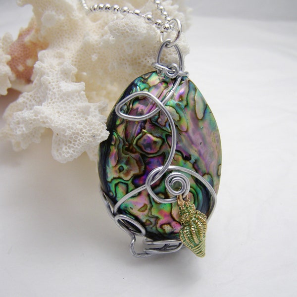 Shimmery Abalone Shell Pendant Necklace, 2" handmade jewelry, Abalone Wire Wrapped Necklace, gift for wife, friend, mother, daughter