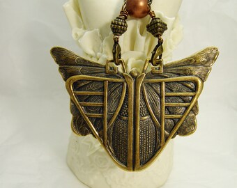 Scarab Art Deco Butterfly Pendant Necklace brooch, 3" Antique Brass large statement piece Egyptian scarab