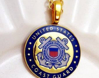 Enameled US Coast Guard Pendant Necklace: Gold Plated Military Jewelry, Christmas Birthday gift