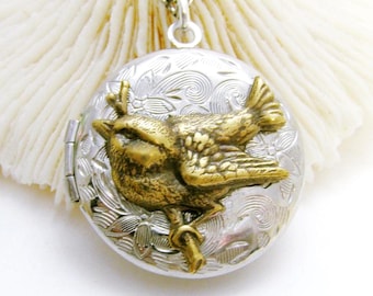 Sparrow Locket Necklace: Engraved Bird Pendant, Antique Silver, Bird Lover