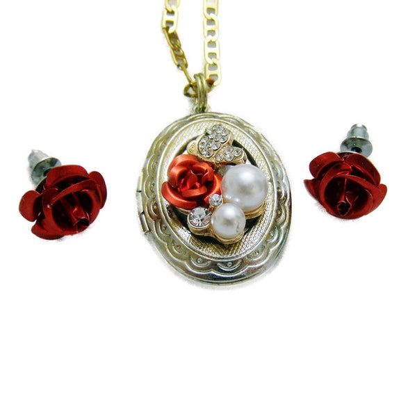 Red Rose Locket Earrings Jewelry Set, red rose floral locket earrings set, OOAK  handmade jewelry, rose flower lover gift for her