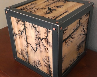 Iron Clad Lichtenberg Patterns- High Voltage Burnt Pine and Steel Tabletop / Mantle Sculpture