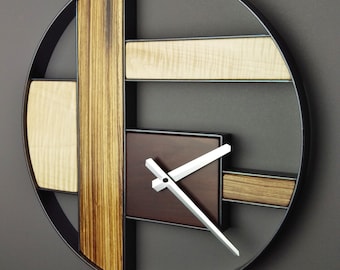 Modern Wall Clock, Zebrawood Figured Maple, Wall Art Decor, Minimalist Design, Wood Metal Decor, Housewarming Gift, No Numbers, Silent Clock