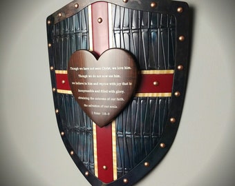 Shield of Faith, Coat of Arms, Welded Steel Wall Art, Wooden Heart, Wood and Metal Wall Art