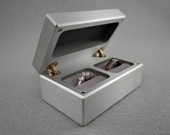 DPCustoms Dual Engagement Ring Bearer Box, Wedding Ring Box, Modern Ring Box, Metal Ring Box, 10th Anniversary Gift, Proposal Ring Box