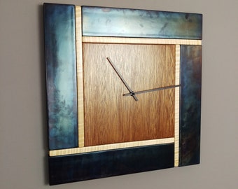 Pinwheel Wall Clock, Modern Wall Clock, Metal Wall Clock, Blackened Steel and Mahogany Square Wall Clock