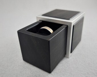DPCustoms Cube Engagement Ring Box, Aluminum with Gaboon Ebony Inlays, Wedding Ring Box, Wood Ring Box, 10th Anniversary Gift