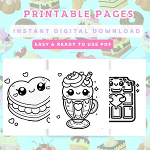 Printable Sweet Treats Dessert Coloring Book preview showcasing designs like a heart-shaped macaron, milkshake, and chocolate bar with hearts.