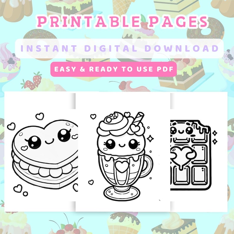 Printable Sweet Treats Dessert Coloring Book preview showcasing designs like a heart-shaped macaron, milkshake, and chocolate bar with hearts.